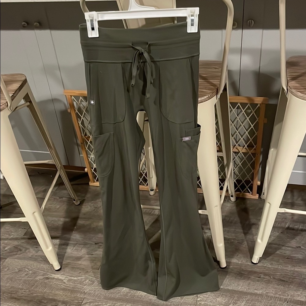 Figs Moss Green Flare Scrub Leggings with Pockets